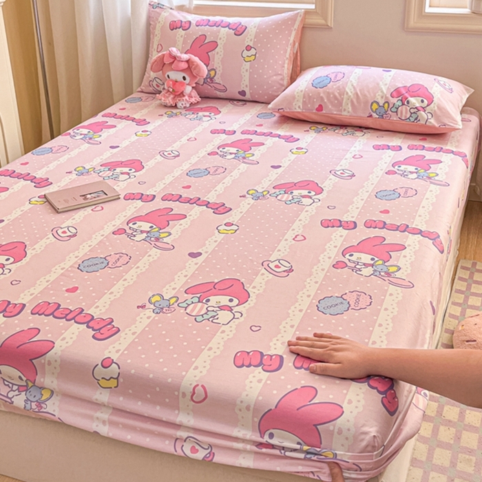 91家纺网 家纺一手货源 找家纺 博雅 2024新款三丽鸥卡通系列全棉印花床笠 魔法美乐蒂