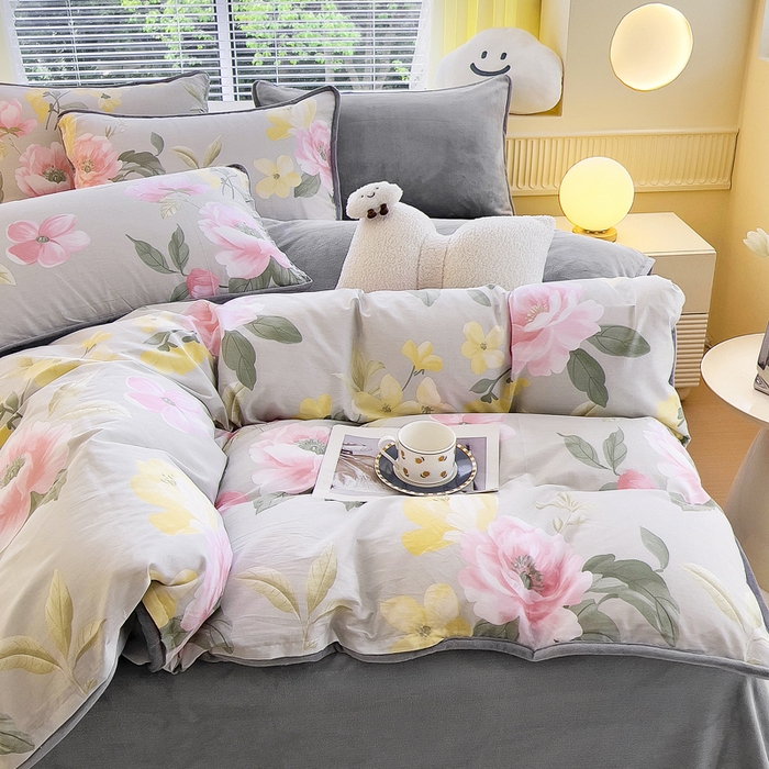 91家纺网 家纺一手货源 找家纺 2024新款全棉加牛奶绒四件套单被套系列-四件套 静谧花园