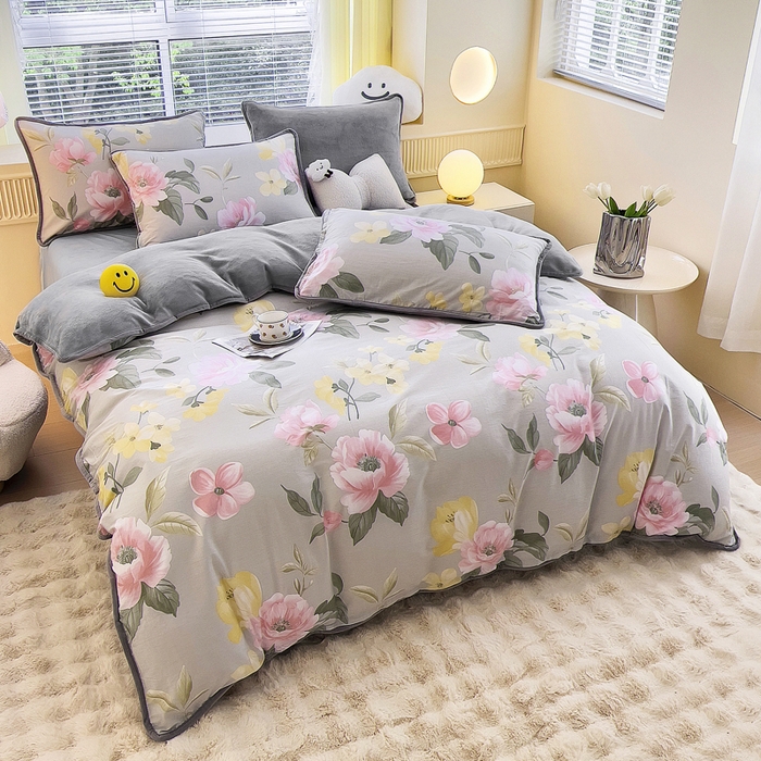 91家纺网 家纺一手货源 找家纺 2024新款全棉加牛奶绒四件套单被套系列-四件套 静谧花园