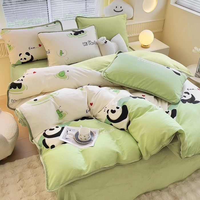 91家纺网 家纺一手货源 找家纺 2024新款全棉加牛奶绒四件套单被套系列-四件套 熊猫乐园