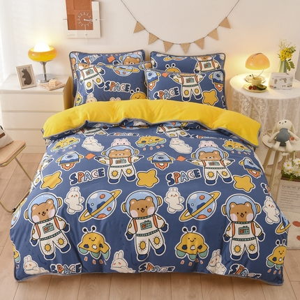 2024新款全棉加牛奶绒四件套单被套系列-四件套 太空熊