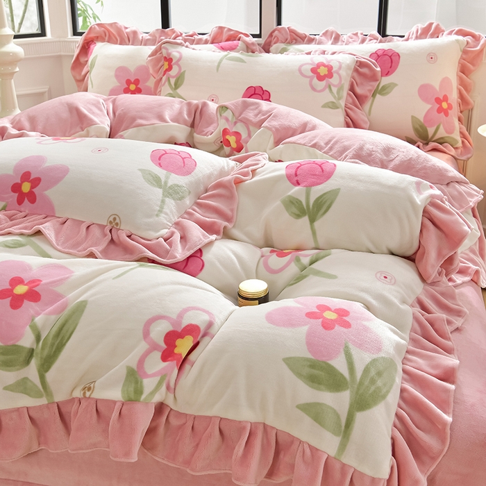 91家纺网 家纺一手货源 找家纺 妮恒美 2024新款韩版牛奶绒四件套 香水百合