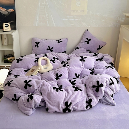 2024新款A类加厚色纱舒舒绒提花蝴蝶结爱心少女舒棉绒牛奶绒系列四件套 舒棉绒提花-紫色蝴蝶结
