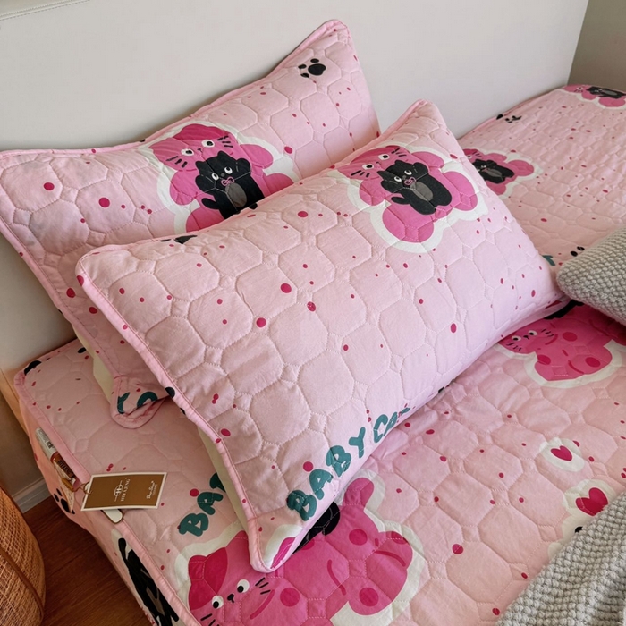 91家纺网 家纺一手货源 找家纺 兜米家居 2024新款云朵水洗纱夹棉单品床笠 小猫咪