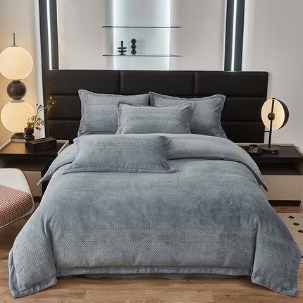 绣女坊 2024新款雕花绒-大麦四件套 大麦-灰色