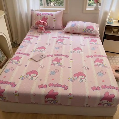 91家纺网 家纺一手货源 找家纺 博雅 2024新款三丽鸥卡通系列全棉印花床笠 魔法美乐蒂
