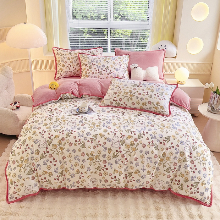 91家纺网 家纺一手货源 找家纺 2024新款全棉加牛奶绒四件套单被套系列-四件套 花语小兔