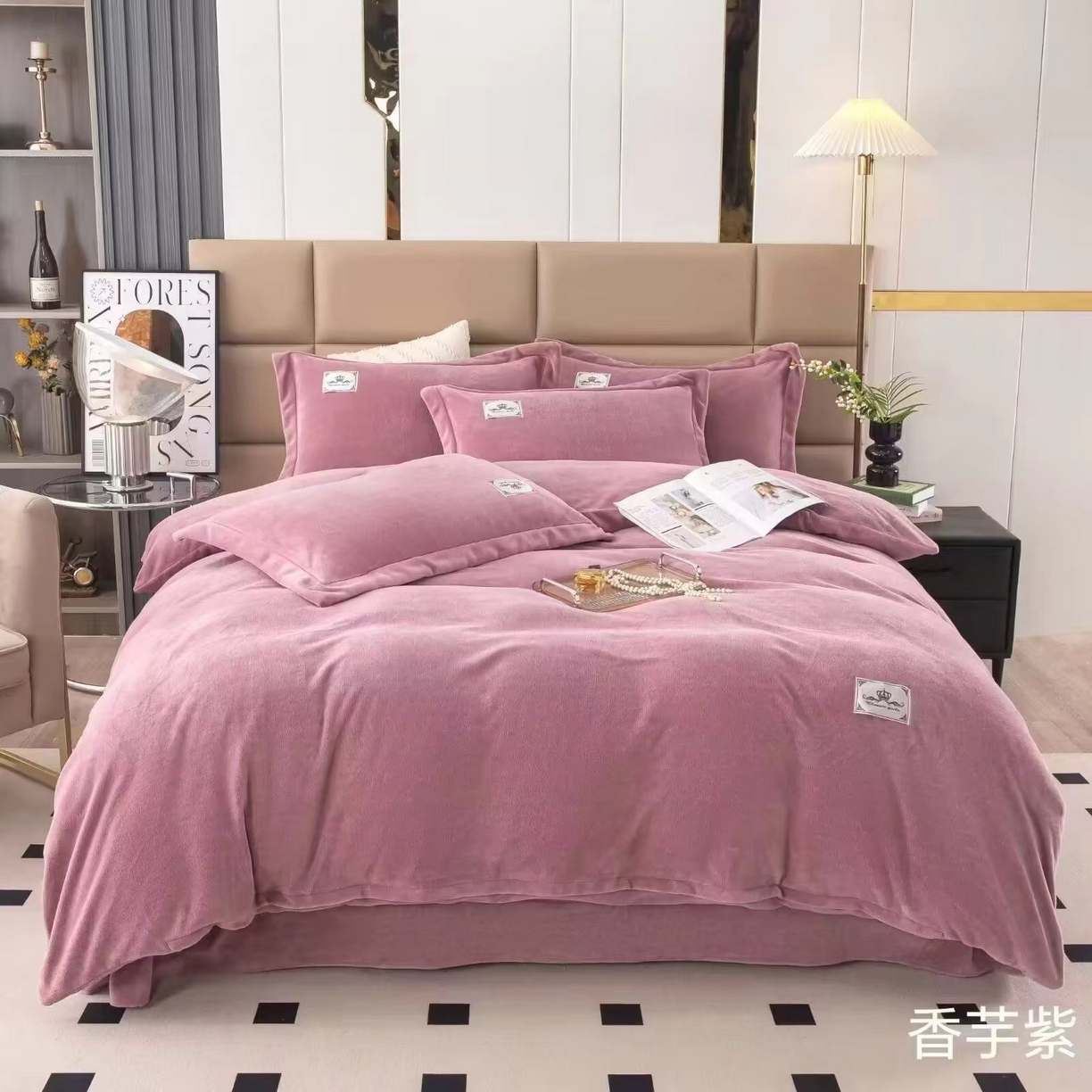 91家纺网 家纺一手货源 找家纺 优姿家纺 2025新款加厚全消光牛奶绒印花四件套 香芋紫