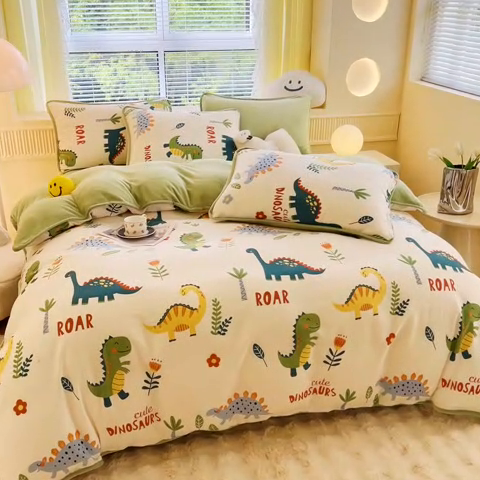 91家纺网 家纺一手货源 找家纺 2024新款全棉加牛奶绒四件套单被套系列-四件套 恐龙谷