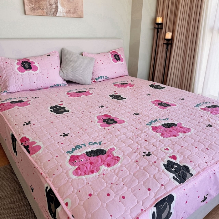 91家纺网 家纺一手货源 找家纺 兜米家居 2024新款云朵水洗纱夹棉单品床笠 小猫咪