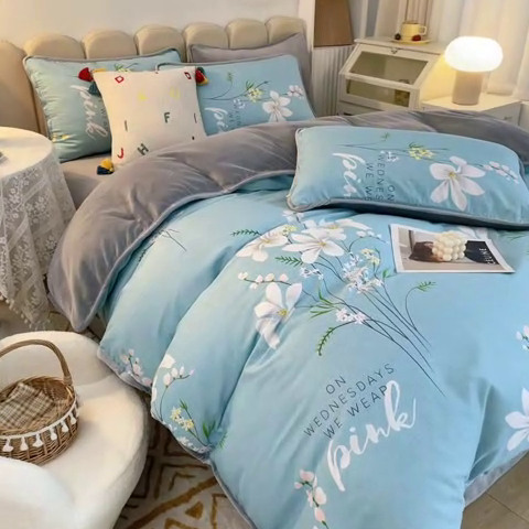 91家纺网 家纺一手货源 找家纺 2024新款全棉加牛奶绒四件套单被套系列-四件套 宁静生活