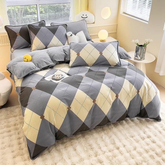 91家纺网 家纺一手货源 找家纺 2024新款全棉加牛奶绒四件套单被套系列-四件套 菲拉格