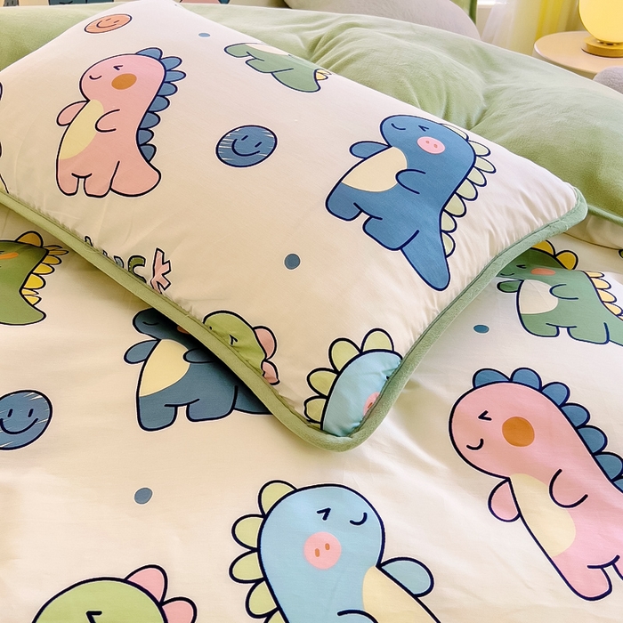 91家纺网 家纺一手货源 找家纺 2024新款全棉加牛奶绒四件套单被套系列-四件套 恐龙家族