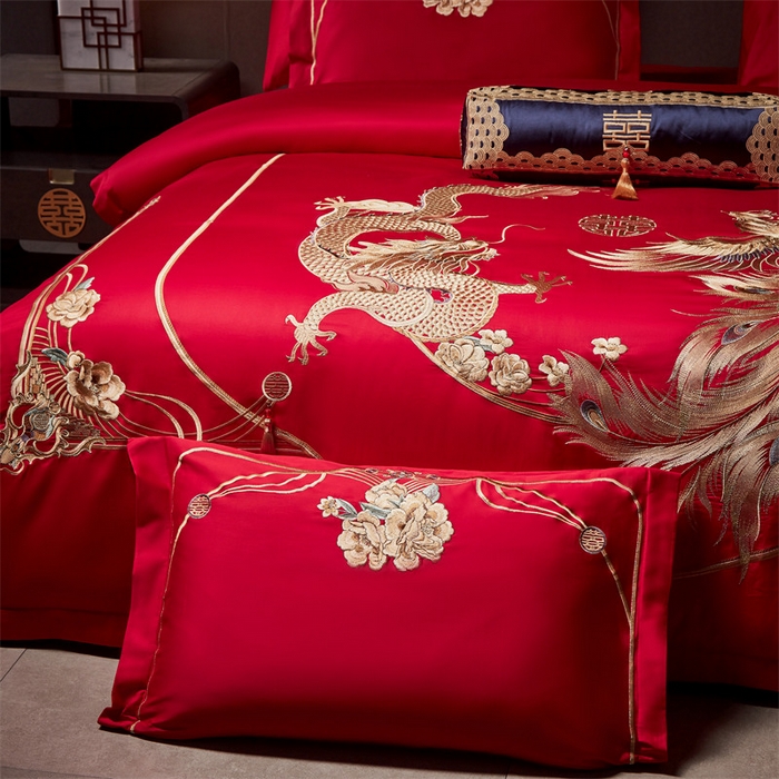 91家纺网 家纺一手货源 找家纺 宏羽纺家纺 2024新款13372纯棉婚庆套件系列 龙凤奇缘