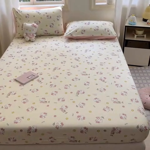 91家纺网 家纺一手货源 找家纺 博雅 2024新款三丽鸥卡通系列全棉印花床笠 可爱KT