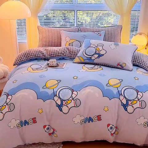 91家纺网 家纺一手货源 找家纺 2024新款全棉加牛奶绒四件套单被套系列-四件套 漫步太空