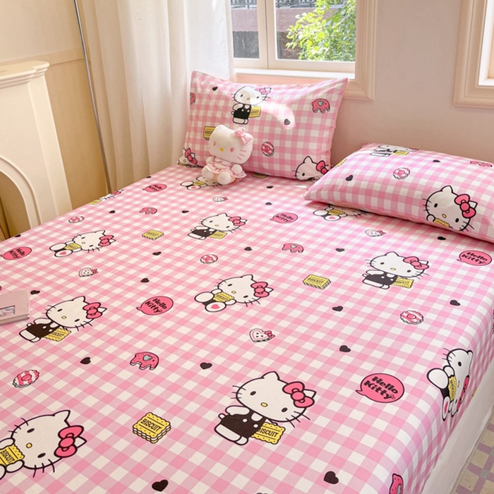 91家纺网 家纺一手货源 找家纺 博雅 2024新款三丽鸥卡通系列全棉印花床笠 粉格KT