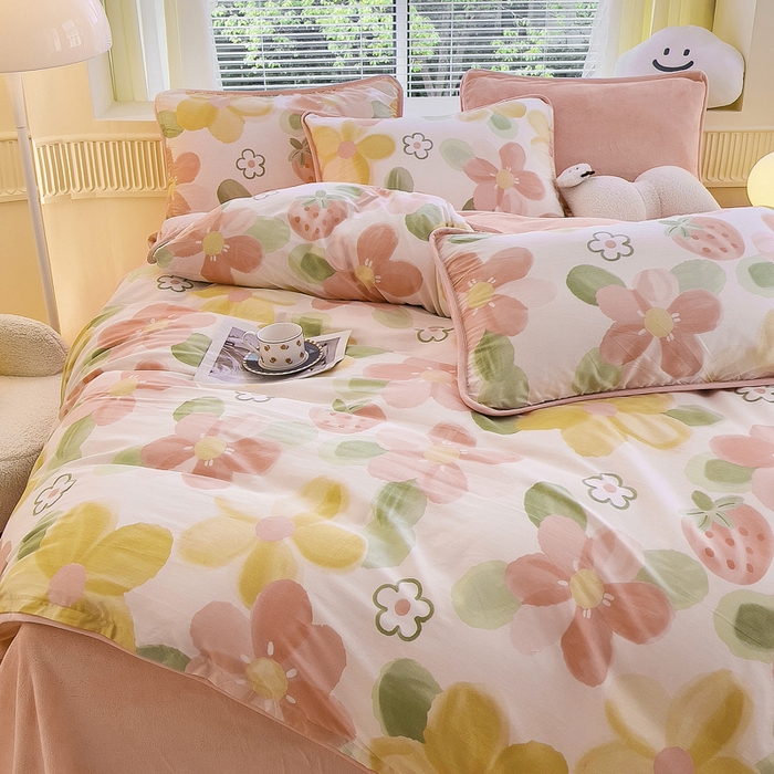 91家纺网 家纺一手货源 找家纺 2024新款全棉加牛奶绒四件套单被套系列-四件套 恋恋花语