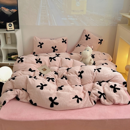 （总）2024新款A类加厚色纱舒舒绒提花蝴蝶结爱心少女舒棉绒牛奶绒系列四件套