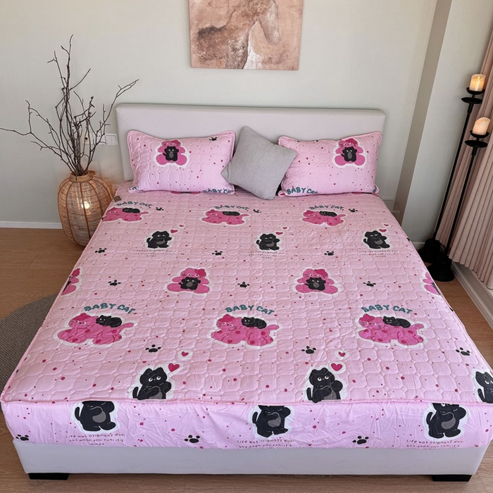 91家纺网 家纺一手货源 找家纺 兜米家居 2024新款云朵水洗纱夹棉单品床笠 小猫咪