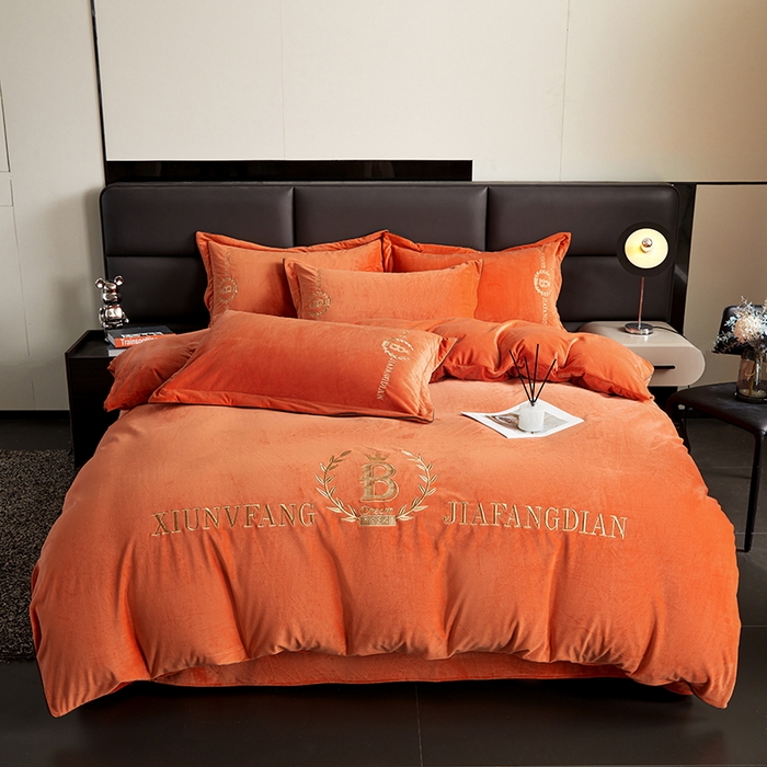 91家纺网 家纺一手货源 找家纺 绣女坊 2024新款高克重宝宝绒四件套 眷恋-橘色