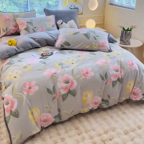 91家纺网 家纺一手货源 找家纺 2024新款全棉加牛奶绒四件套单被套系列-四件套 静谧花园