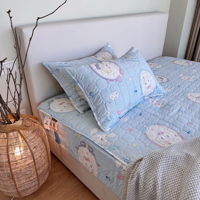 91家纺网 家纺一手货源 找家纺 兜米家居 2024新款云朵水洗纱夹棉单品床笠 蓝桂狗