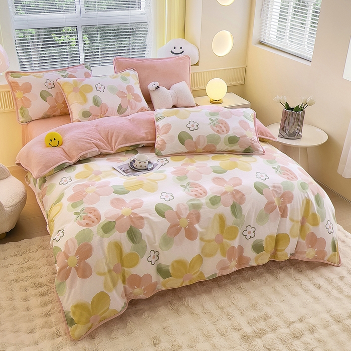 91家纺网 家纺一手货源 找家纺 2024新款全棉加牛奶绒四件套单被套系列-四件套 恋恋花语