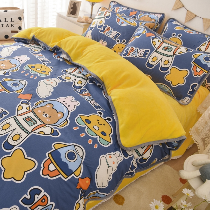 91家纺网 家纺一手货源 找家纺 2024新款全棉加牛奶绒四件套单被套系列-四件套 太空熊