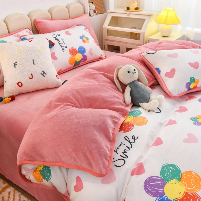 91家纺网 家纺一手货源 找家纺 2024新款全棉加牛奶绒四件套单被套系列-四件套 手绘浪漫