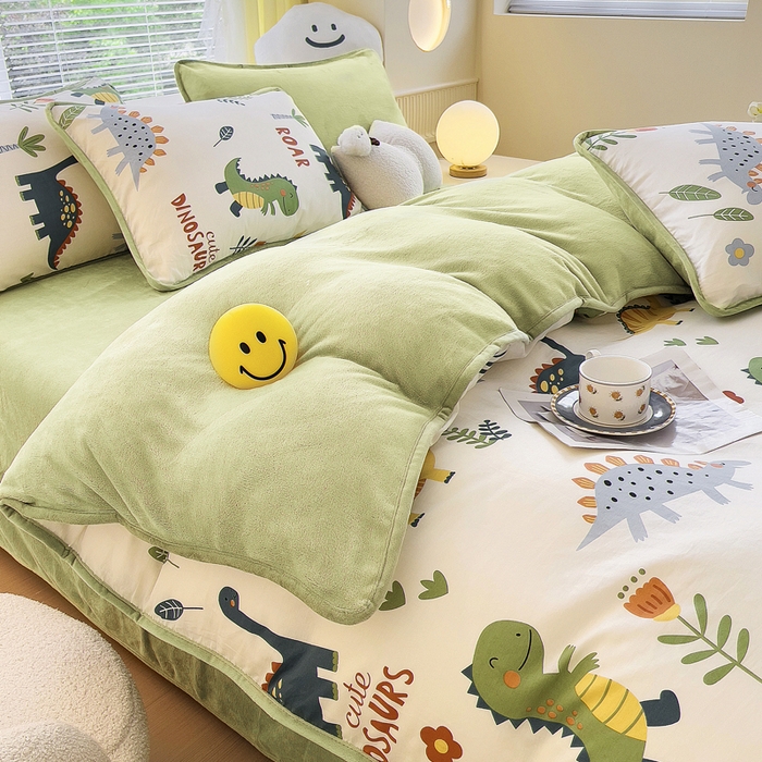 91家纺网 家纺一手货源 找家纺 2024新款全棉加牛奶绒四件套单被套系列-四件套 恐龙谷