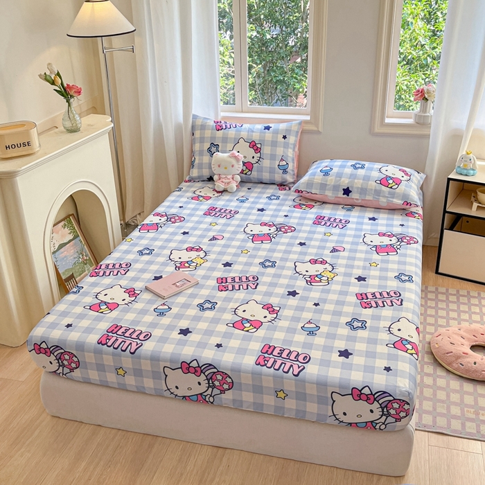 91家纺网 家纺一手货源 找家纺 博雅 2024新款三丽鸥卡通系列全棉印花床笠 气球KT