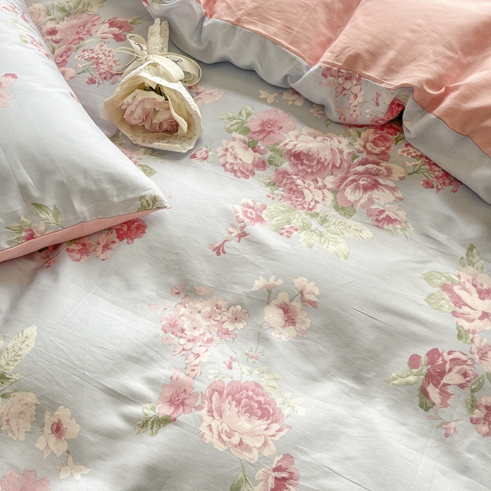 91家纺网 家纺一手货源 找家纺 琪格格纺织 2024新款纯棉13070小清新四件套 花漫晨-粉