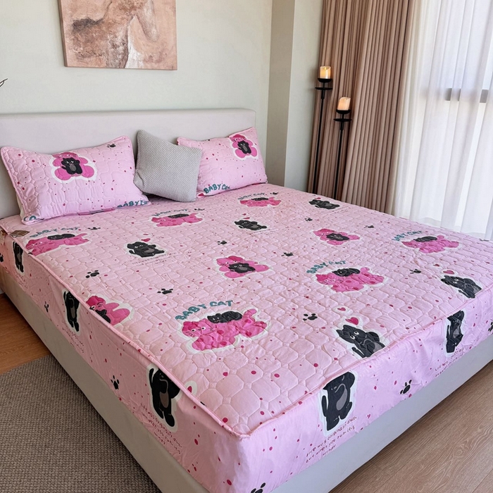 91家纺网 家纺一手货源 找家纺 兜米家居 2024新款云朵水洗纱夹棉单品床笠 小猫咪