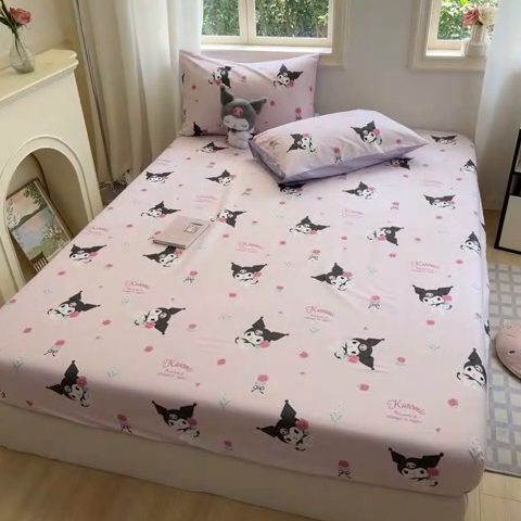 91家纺网 家纺一手货源 找家纺 博雅 2024新款三丽鸥卡通系列全棉印花床笠 小花库洛米