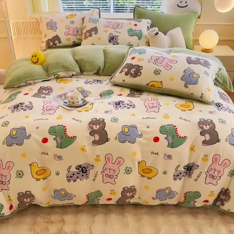 91家纺网 家纺一手货源 找家纺 2024新款全棉加牛奶绒四件套单被套系列-四件套 恐龙家族