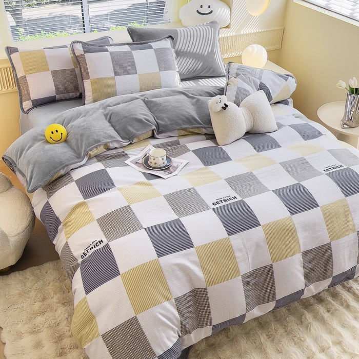 91家纺网 家纺一手货源 找家纺 2024新款全棉加牛奶绒四件套单被套系列-四件套 塞纳风尚