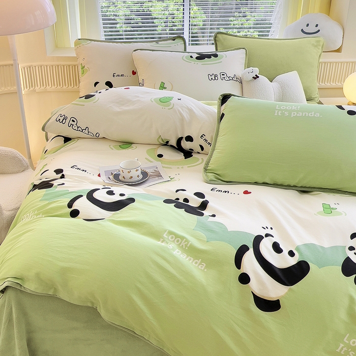 91家纺网 家纺一手货源 找家纺 2024新款全棉加牛奶绒四件套单被套系列-四件套 熊猫乐园
