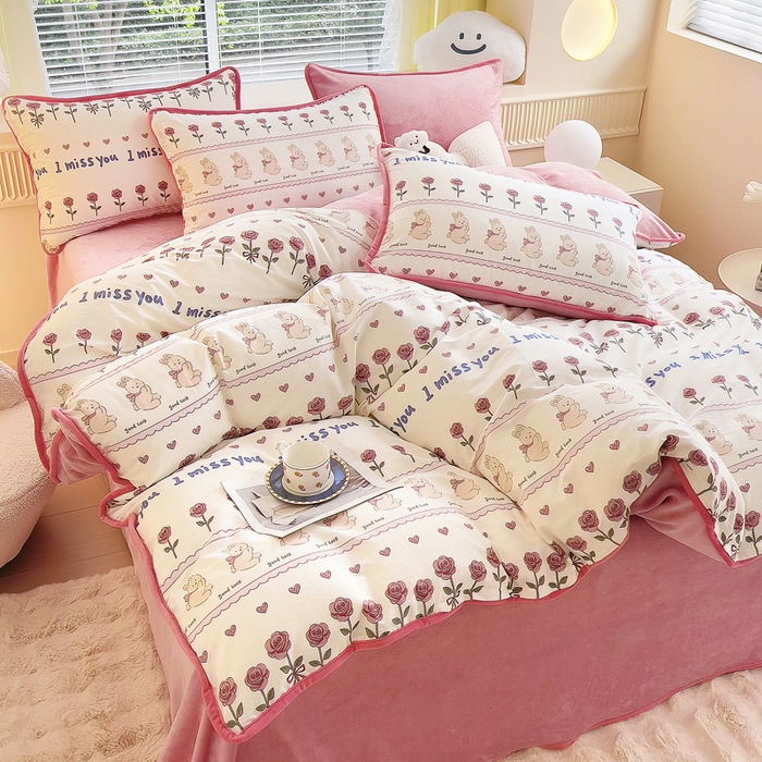 91家纺网 家纺一手货源 找家纺 2024新款全棉加牛奶绒四件套单被套系列-四件套 情缘