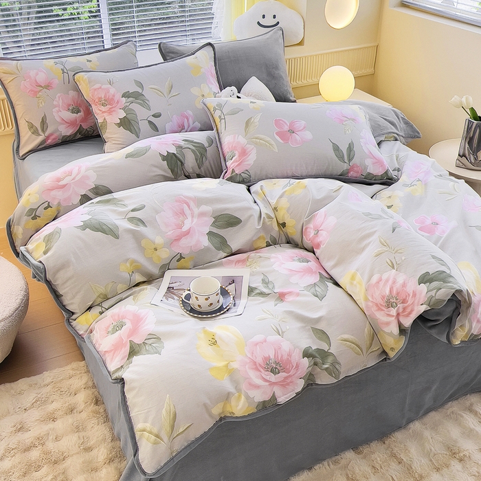 91家纺网 家纺一手货源 找家纺 2024新款全棉加牛奶绒四件套单被套系列-四件套 静谧花园