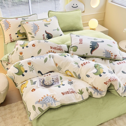 2024新款全棉加牛奶绒四件套单被套系列-四件套 恐龙谷
