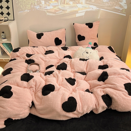 2024新款A类加厚色纱舒舒绒提花蝴蝶结爱心少女舒棉绒牛奶绒系列四件套 舒棉绒提花-粉墨爱心