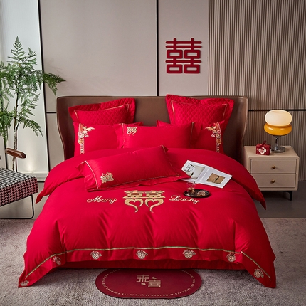 91家纺网 家纺一手货源 找家纺 2025新款40s全棉长绒棉新中式刺绣婚庆四件套多件套 诺言