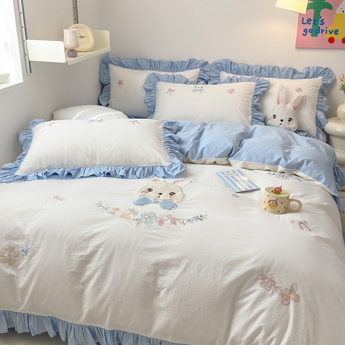 91家纺网 家纺一手货源 找家纺 蜜柚 2024新款全棉加厚水洗棉韩版小清新绣花工艺四件套-萌萌兔 萌萌兔白