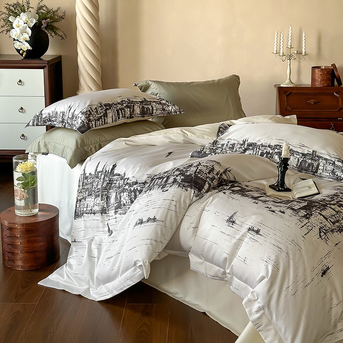 91家纺网 家纺一手货源 找家纺 （总）窝米 2024新款数码印花100支长绒棉宽边工艺四件套-塞纳河畔