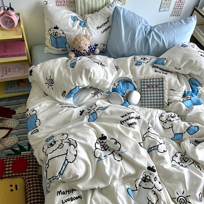 91家纺网 家纺一手货源 找家纺 原素 2024学生季专属A类水洗棉印花四件套 线条狗狗