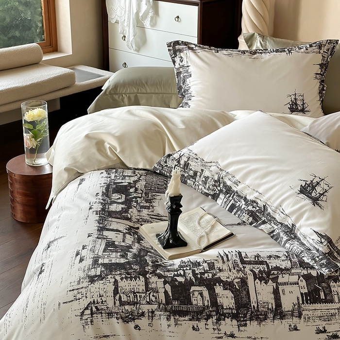 91家纺网 家纺一手货源 找家纺 （总）窝米 2024新款数码印花100支长绒棉宽边工艺四件套-塞纳河畔