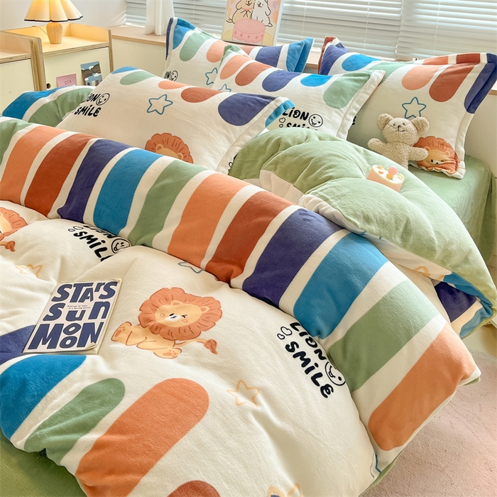 91家纺网 家纺一手货源 找家纺 2024新款A类AB版加厚保暖双面牛奶绒印花四件套--小清新系列 雪糕狮子