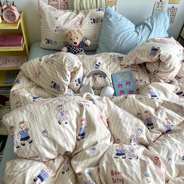 91家纺网 家纺一手货源 找家纺 原素 2024学生季专属A类水洗棉印花四件套 熊熊好朋友