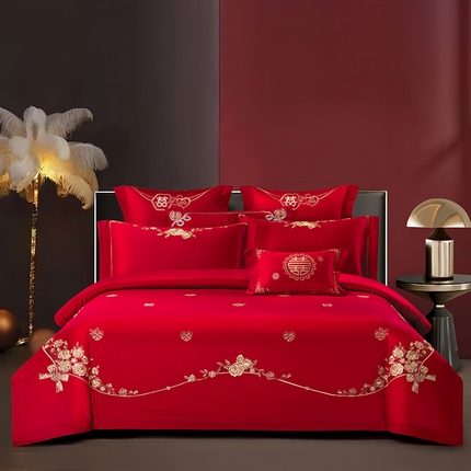 2025新款长绒棉长绒棉贡缎提花款新中式古典韵味精美刺绣婚庆四件套多件套 缔结良缘-金